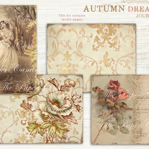 May include: A digital download kit for a journal with a vintage aesthetic. The kit includes twelve pages with images of a woman in a forest, floral patterns, and handwritten text. The title of the kit is "Autumn Dream Journal".