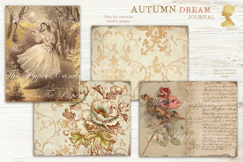 May include: A digital download kit for a journal with a vintage aesthetic. The kit includes twelve pages with images of a woman in a forest, floral patterns, and handwritten text. The title of the kit is "Autumn Dream Journal".