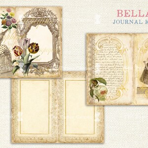 May include: A vintage-style journal kit with a Bella theme. The kit includes three pages with decorative borders, floral illustrations, and a woman in a dress. The pages are designed for journaling, scrapbooking, or other creative projects.