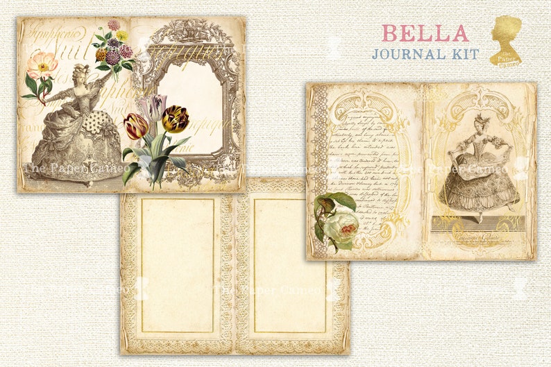 May include: A vintage-style journal kit with a Bella theme. The kit includes three pages with decorative borders, floral illustrations, and a woman in a dress. The pages are designed for journaling, scrapbooking, or other creative projects.