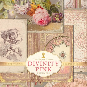 DIVINITY PINK ジャーナル、エンジェル ジャーナル プリンタブル、ロマンティック フレンチ デジタル、シャビー ピンク ジャーナル プリンタブル、ヴィンテージ ピンク デジタル、エフェメラ