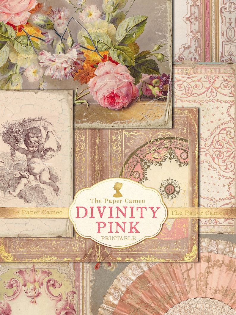 May include: A digital collage sheet with a pink and gold color scheme. The sheet features a floral design, a cherub, a fan, and ornate borders. The text "The Paper Cameo Divinity Pink Printable" is included on the sheet.