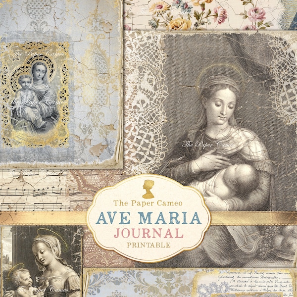 AVE MARIA Journal Printable, Christmas Themed Journal, Religious Printable, Vintage Prayer Card Printable, Religious Theme digital