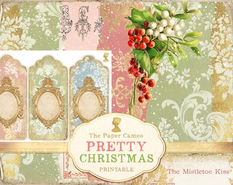 May include: A printable digital paper pack with a Christmas theme. The pack includes images of holly, mistletoe, snowflakes, and vintage floral patterns in shades of pink, green, and gold. The text "The Paper Cameo Pretty Christmas Printable" is included in the image.
