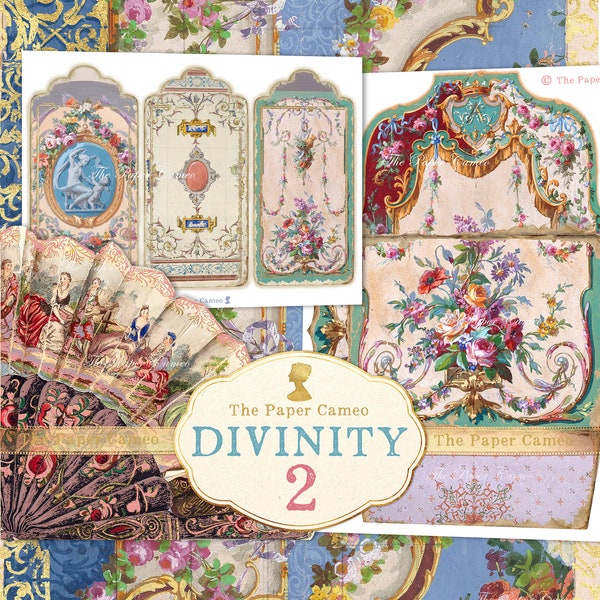 DIVINITY 2 kortstondige, antieke Franse stijl kortstondige afdrukbare, Marie Antoinette-stijl digitals, Franse bloemen ephemera, antieke fresco