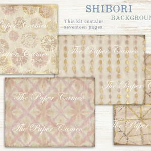 May include: A digital download of 17 digital paper backgrounds in a shibori style with pink and gold accents. The text "SHIBORI BACKGROUNDS" is at the top of the image. The text "This kit contains seventeen pages." is below the title.