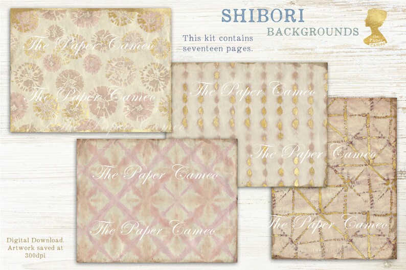 May include: A digital download of 17 digital paper backgrounds in a shibori style with pink and gold accents. The text "SHIBORI BACKGROUNDS" is at the top of the image. The text "This kit contains seventeen pages." is below the title.