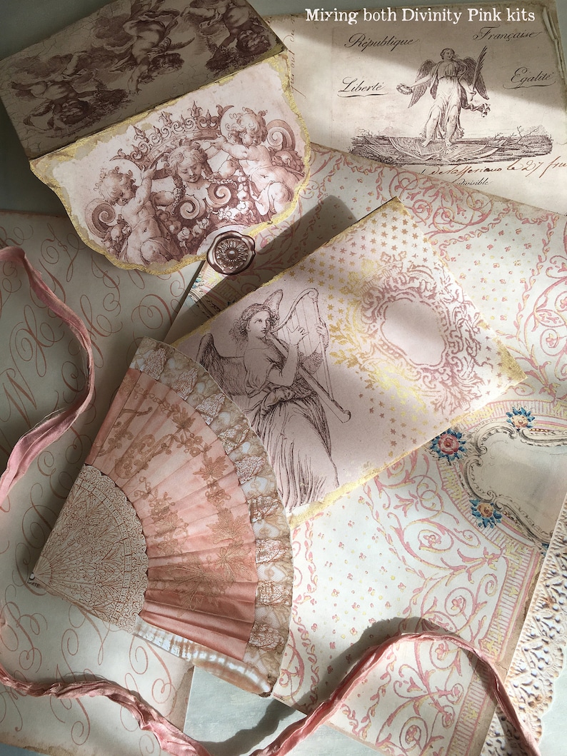 May include: A collection of vintage paper ephemera with a pink and gold color scheme. The papers feature images of angels, cherubs, and a fan. The text on the papers includes "Republique", "Liberte", "Francaise", and "Egalite".