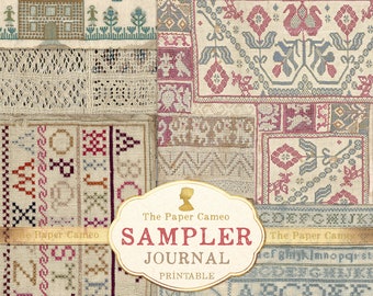 SAMPLER Journal Printable, Antique sampler Digital, Antique Stitching Printable, Country Cottage Style Digital, Slow Stitch Digital