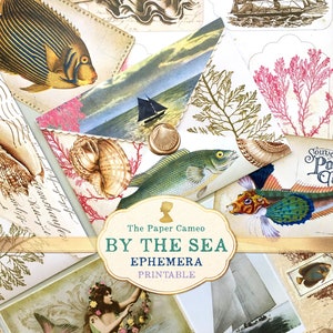 Efímera imprimible "BY THE SEA", efímera digital con temática marina, adorno para diario de sirena, papel de collage, sobre de sirena