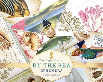 BY THE SEA Ephemera Printable, Sea Theme Ephemera Digital Download, Mermaid Junk Journal Embellishment, Collage Paper, Mermaid Envelope