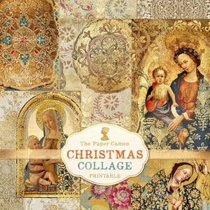 May include: A digital collage featuring religious art and ornate patterns in gold, teal, and cream. The design includes images of the Virgin Mary and baby Jesus, with the text "Christmas Collage Printable" in a decorative frame. The overall theme is vintage and festive.