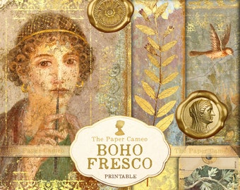 BOHO FRESCO, Frescos de Pompeya para imprimir, Diario de arte antiguo, El camafeo de papel, Páginas de diario, Papel para collage, Diario boho para imprimir