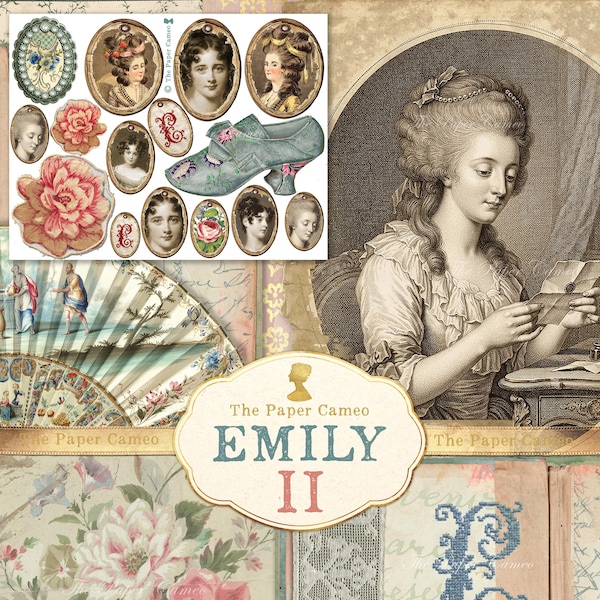 EMILY TWO Dagboek uitbreidingsset, Lente Dagboek Digitaal, Marie Antoinette, Jane Austen, Romantische Vintage Bloemen Ephemera, Rozen Digitaal