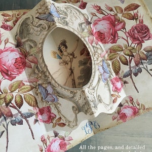 May include: A vintage-style papercraft kit featuring a framed illustration of a woman with a bird. The kit includes detailed instructions and is available in both US Letter and A4 sizes. The papercraft is decorated with roses and butterflies.