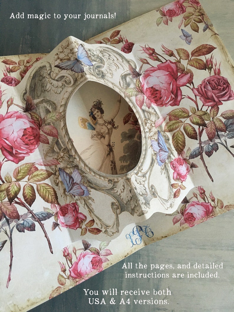 May include: A vintage-style papercraft kit featuring a framed illustration of a woman with a bird. The kit includes detailed instructions and is available in both US Letter and A4 sizes. The papercraft is decorated with roses and butterflies.