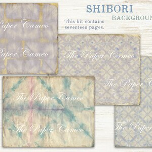 May include: A set of 17 digital paper backgrounds featuring a shibori design in shades of blue, purple, and white. The backgrounds are labeled "The Paper Cameo" and are perfect for digital scrapbooking, card making, and other creative projects.