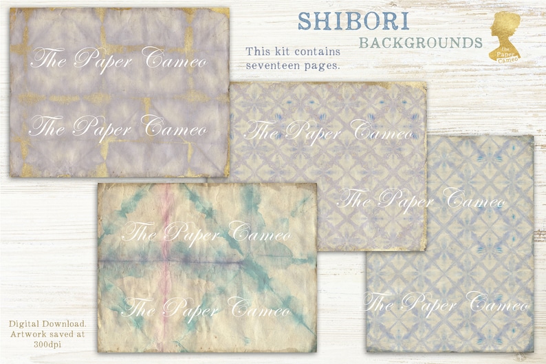 May include: A set of 17 digital paper backgrounds featuring a shibori design in shades of blue, purple, and white. The backgrounds are labeled "The Paper Cameo" and are perfect for digital scrapbooking, card making, and other creative projects.