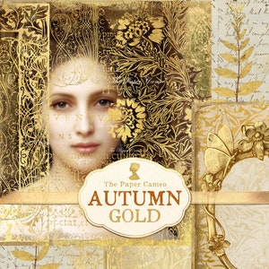 Puede incluir: Un collage digital con el rostro de una mujer, patrones florales dorados y el texto "The Paper Cameo Autumn Gold".