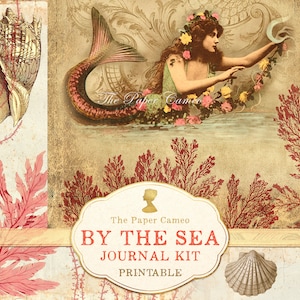 BY THE SEA, afdrukbaar zeethemajournaal, direct downloaden, afdrukbare collage aan zeezijde, afdrukbaar zeemeermin-junkjournaal, nautisch tijdschrift