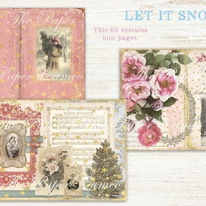 May include: A digital scrapbooking kit with nine pages featuring a pink and gold book cover, a page with a winter scene, a page with roses, and a page with a Christmas tree. The kit is titled "Let It Snow".