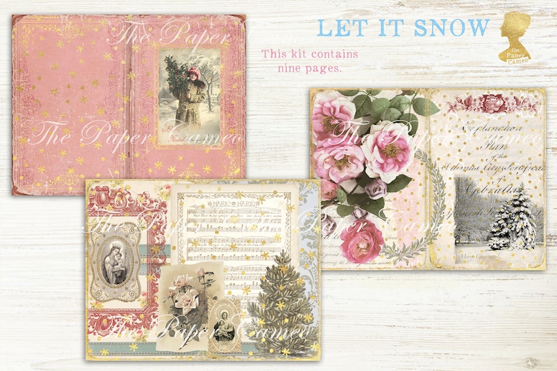 May include: A digital scrapbooking kit with nine pages featuring a pink and gold book cover, a page with a winter scene, a page with roses, and a page with a Christmas tree. The kit is titled "Let It Snow".