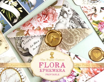 FLORA Ephemera Digital Download, Botanical junk Journal Printable, Floral Envelopes Instant Digital Download