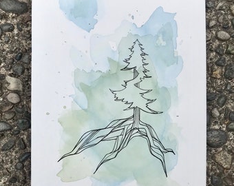 抽象的な水彩画とインクの木、6x9” - Etsy 日本