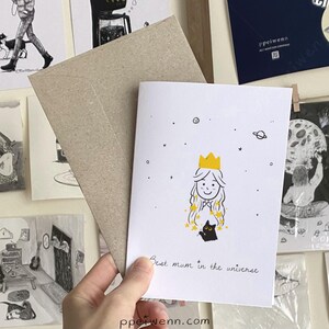 Best mum in the universe | Recycled Greeting Cards, cat lover, mother's day, card for mum, mum and cat, appreciation card, illustration
