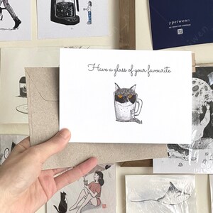 Have A Glass of Your Favorite | Recycled Greeting Cards, Blank card, cards for cat lovers, illustration cards, cute cat card, cat and girl