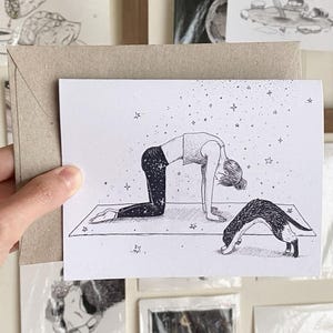 Cat Pose | Recycled Greeting Cards, cat and yoga, cards for cat lovers, illustration cards, cat and girl, cat lady, cat and yoga, yogi