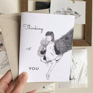 Thinking Of You | Recycled Greeting Cards, cards for cat lovers, illustration cards, cute cat card, cat and girl, cat lady, cat and flowers