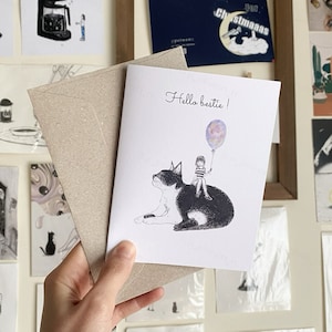 Hello bestie | Recycled Greeting Cards, Blank card, cards for cat lovers, illustration cards, cute cat card, cat and girl, cat lady
