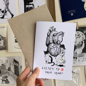 Listen to your heart | Recycled Greeting Cards, cat lover, cardiac, heart, blood, personalised, illustration cards