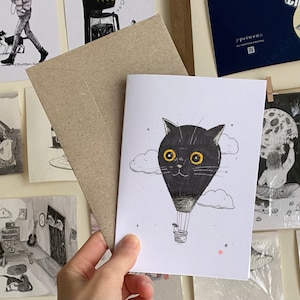 Cat Balloon 03 | Recycled Greeting Cards, black cat, adventure lover, birthday cards, cards for cat lovers, personalised, illustration cards