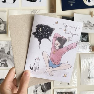 Yawning is contageous, and so is your smile | Recycled Greeting Cards, cards for cat lovers, illustration cards, cute cat card, cat and girl