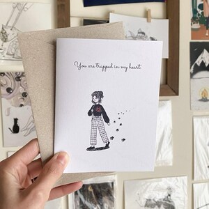You Are Trapped In My Heart | Recycled Greeting Cards, cards for cat lovers, illustration cards, cute cat card, cat and girl, cat lady