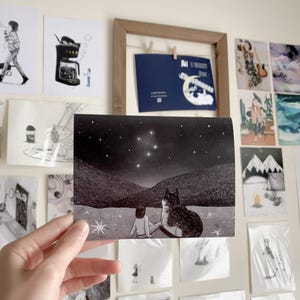 Southern Cross | Greeting Cards, Blank card, cards for cat lovers, night sky and cat, illustration cards, cute cat card, cat and girl