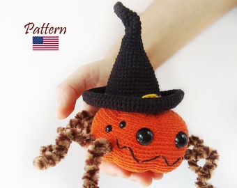 Spider crochet pattern Halloween decoration Crochet pumpkin toy in Witch hat Cute spider gift Amigurumi pumpkin Halloween table decor