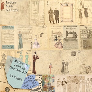 Mother&#39;s Sewing Book - Digital Kit - Junk Journal Kit - Vintage Sewing Ephemera - Journal Pages - A4 and Letter