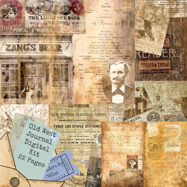 Wild West Digital Journal Kit - Collage Papers - Old West Ranch Cowboy 1800s American Settlers Masculine