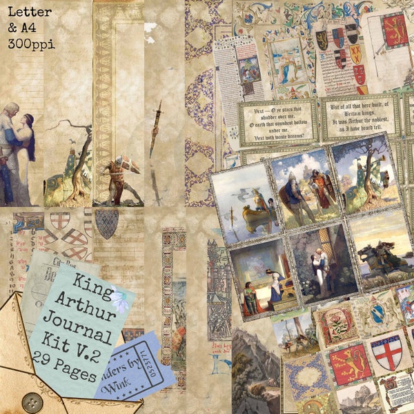 King Arthur Journal Kit 29 Pages - Digital Junk Journal Printable Camelot Arthurian Medieval Fantasy Vintage Notebook Letter/A4