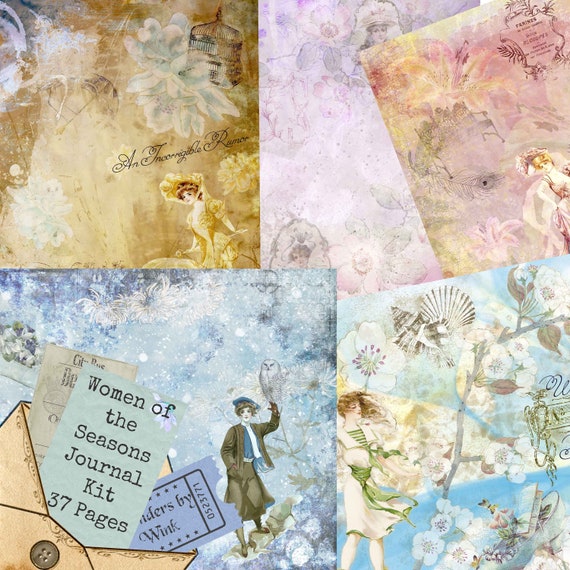 Women of the Seasons Digital Journal Kit Vintage Ladies, Flowers, Colorful,  Paper, Ephemera 