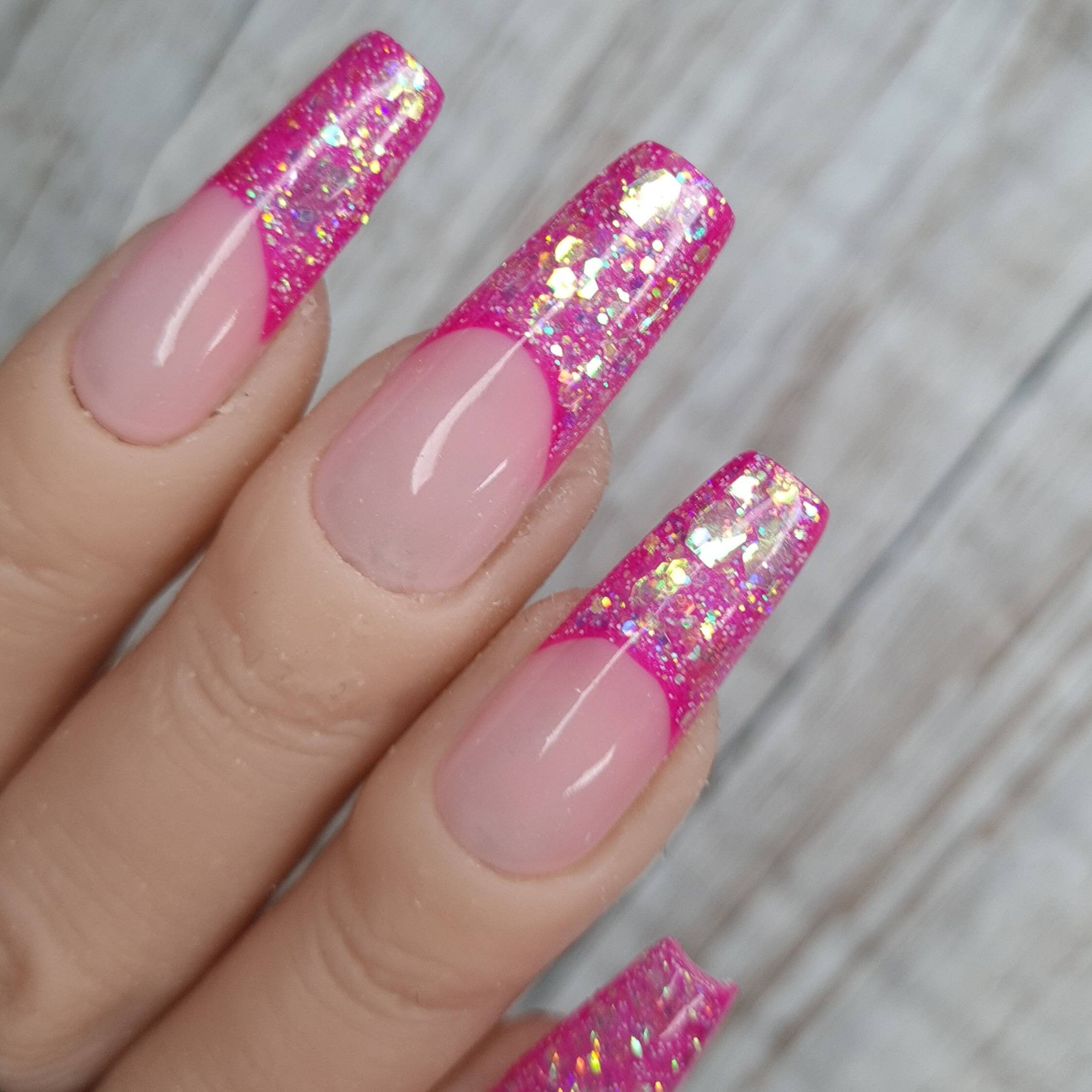 Bright Pink French Manicure Press On Nails With glitter | Etsy