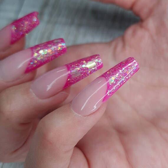 Bright Pink French Manicure Press On Nails With Glitter Etsy Norway