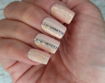 Ballet slipper pink/nude bridal Press On Nails With gold glitter and crystals