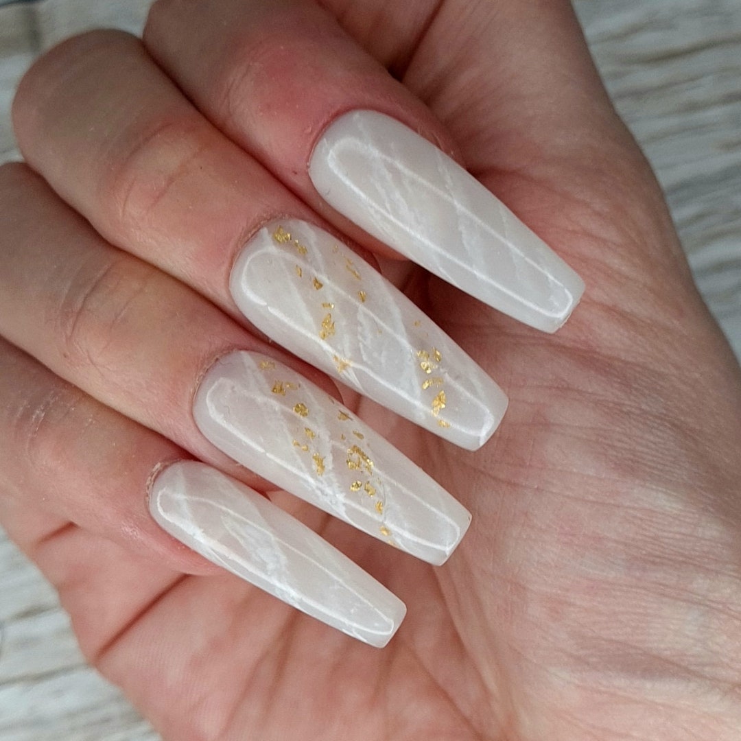 30 White Nails with Gold Flakes: Acrylic, Coffin, Ombre, Marble