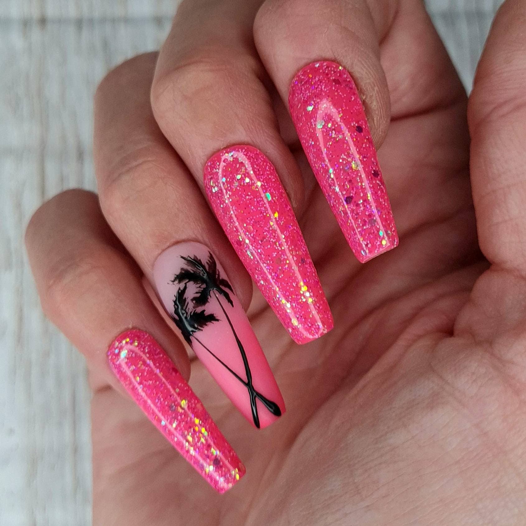 Palm Tree Coral Pink Ombre and Glitter Press on Nails Etsy UK