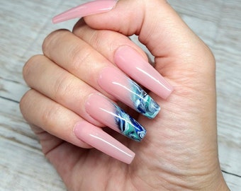 Natural Cover Pink with Blue and Turquoise Marble Accent Nails