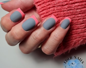 CONTRAST - A grey based French manicure with neon coral French tip press on nails